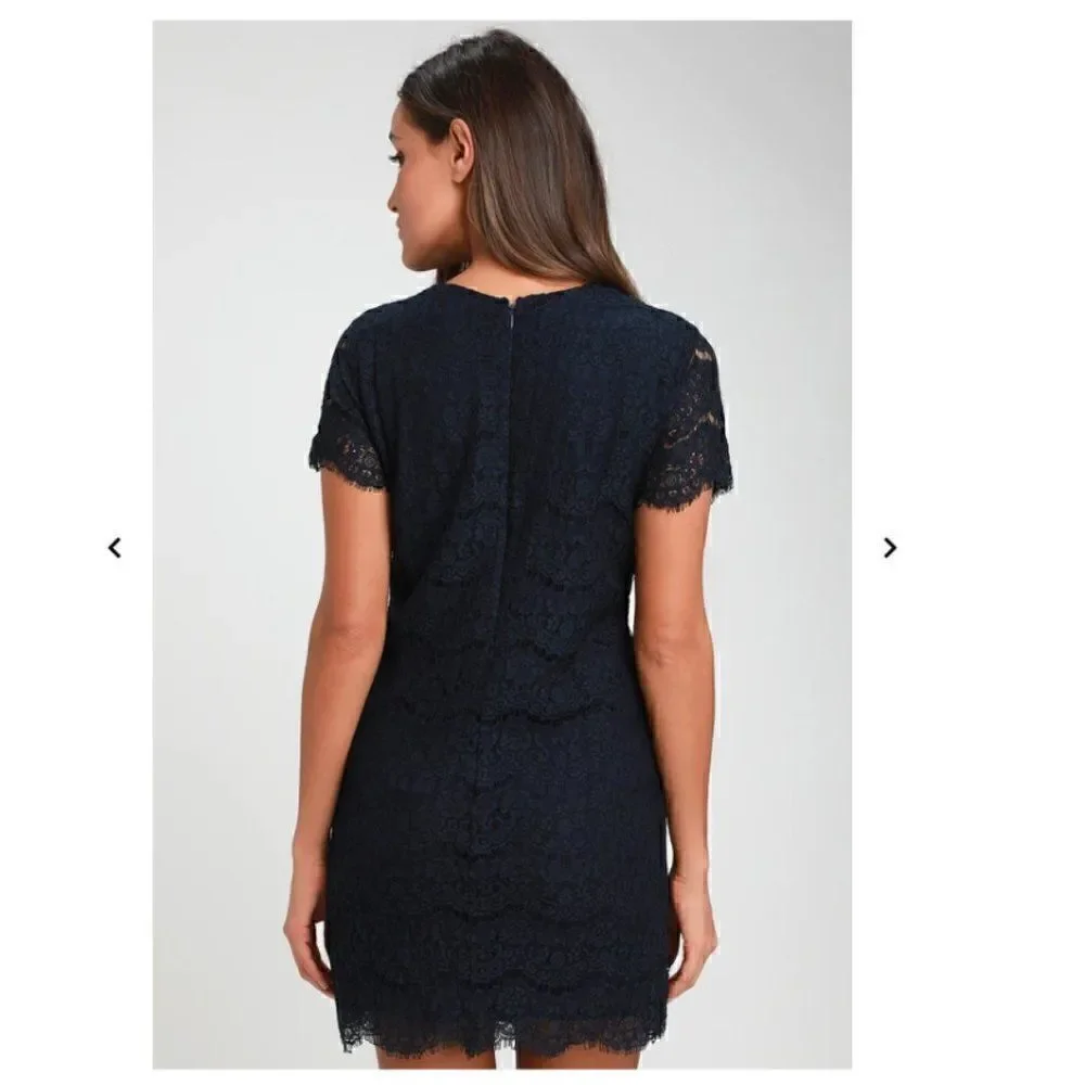 Lulus Take me to Brunch Navy Blue Lace Shift Dress M